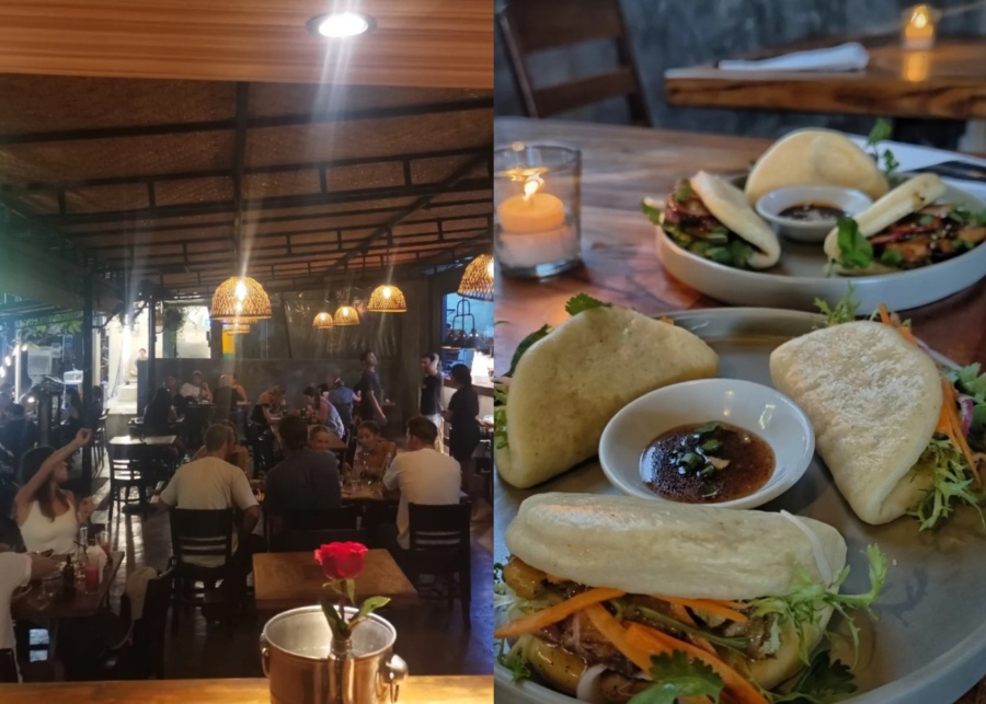 Bao buns and dinner setting at Laggas Asian fusion restaurant in Uluwatu, Bali, Indonesia