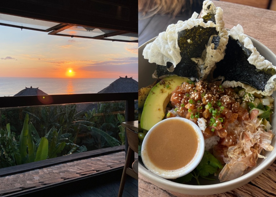 Sunset from balcony, poke bowl with fresh tuna, avocado and tempura nori at Mana Uluwatu - a hotel restaurant inside Uluwatu Surf Villas in Bali, Indonesia