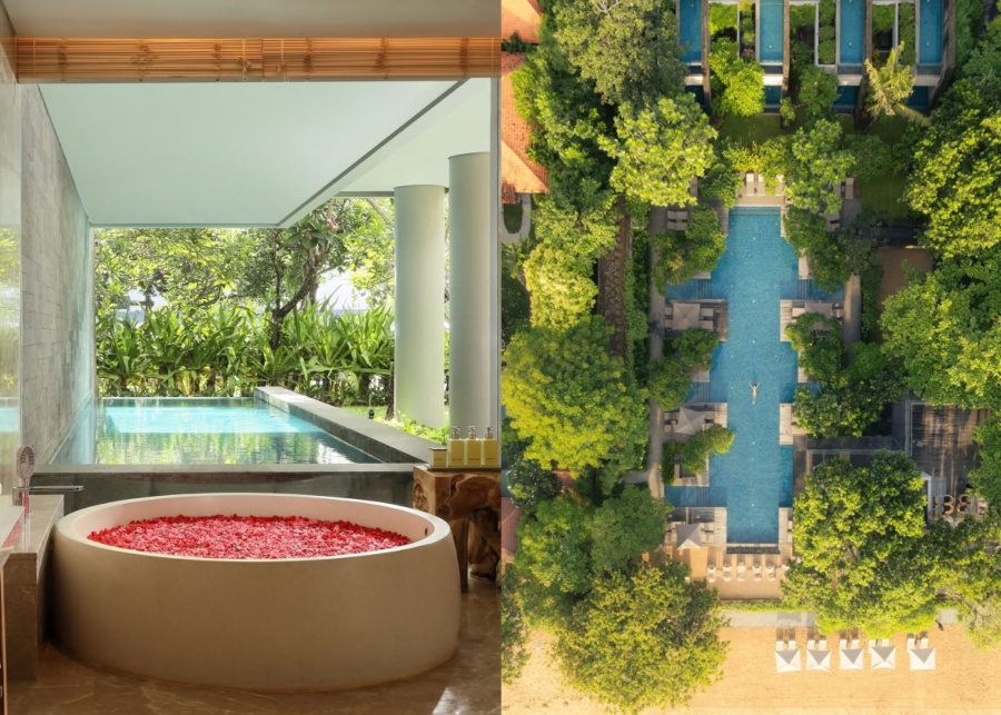 In-room flower bath overlooking the private pool, and the main swimming pool at Maya Sanur Resort & Spa in Bali, Indonesia