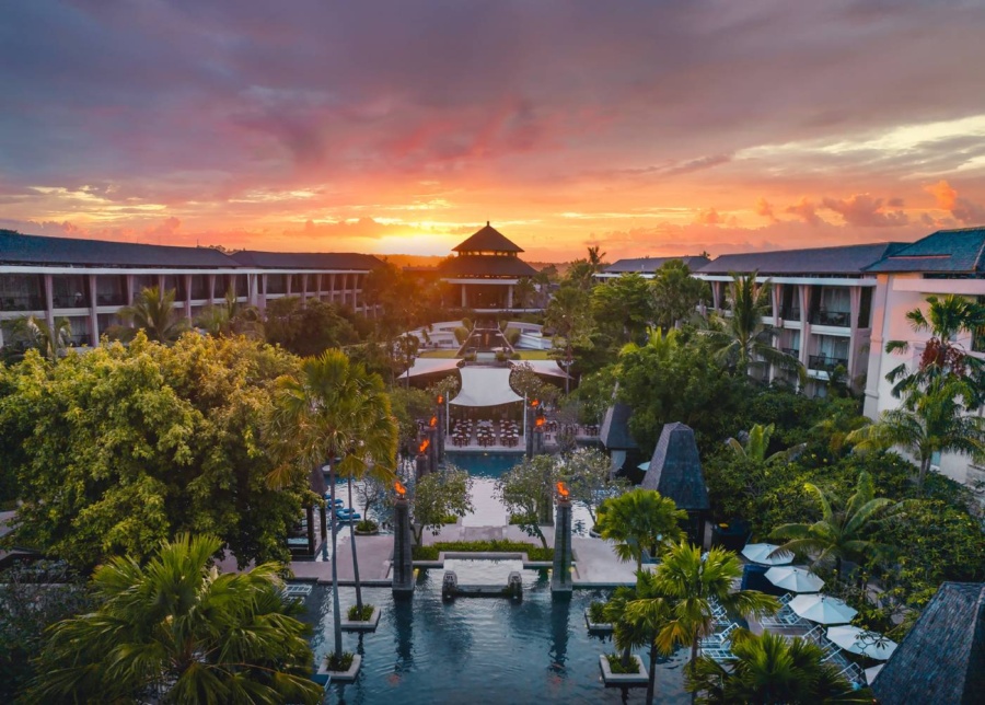 Ariel view above Sofitel Bali Nusa Dua Beach Resort at sunset