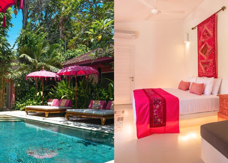 Room and pool with day beds at PinkPrivate adults only hotel in Sanur, Bali, Indonesia