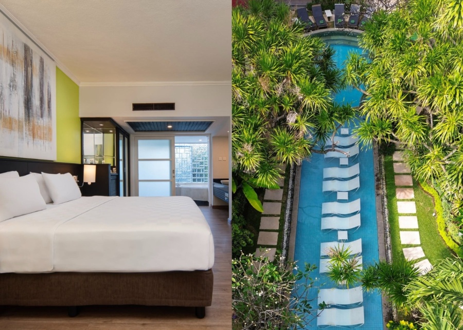 Room and main swimming pool at Prime Plaza hotel in Sanur, Bali, Indonesia