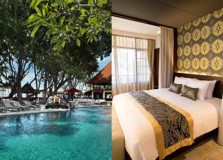 Beachfront swimming pool and the room at Puri Santrian hotel in Sanur, Bali, Indonesia