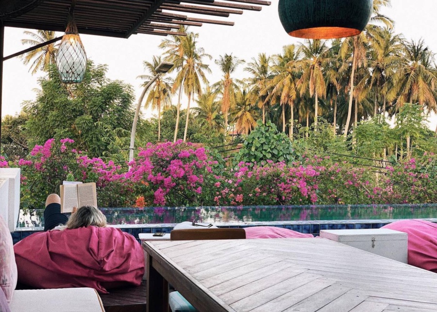 Rooftop pool with beanbag chairs at Rawa Lombok Hotel in Kuta, East Indonesia