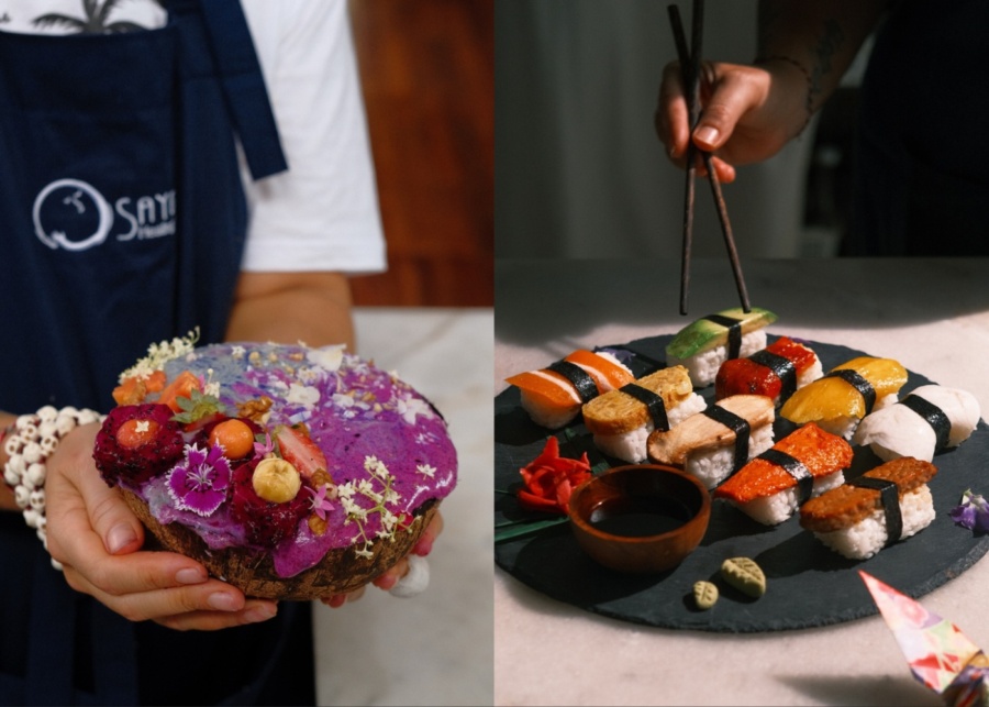 Smoothie bowl and raw vegan sushi platter at Sayuri Healing Food - a plant-based restaurant and cooking school in Ubud, Bali, Indonesia