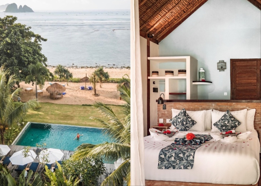 The humble, cosy bungalow and pool at Segara Lombok Beach Resort in Kuta by the sea