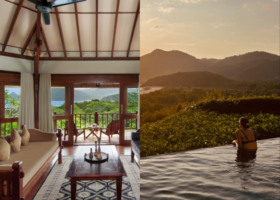 Villa and infinity pool with hills and ocean views at Sempiak Seaside Resort in Kuta Lombok, Indonesia east