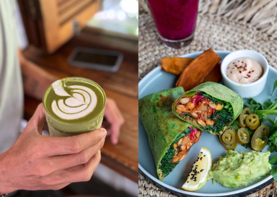 matcha almond milk latte and vegan burrito served at Shady Shack plant-based cafe in Canggu, Bali, Indonesia