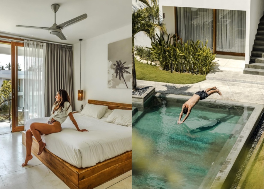 The modern room and pool at Sikara Lombok Hotel in Kuta, East Indonesia
