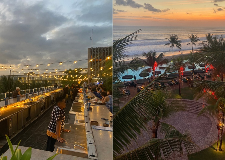 Open air rooftop overlooking Desa Potato Head's infinity pool, beach, and the ocean - Sunset Park cocktail bar in Seminyak, Bali, Indonesia