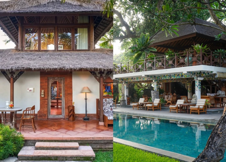 The Balinese bungalow and the main swimming pool at Tandjung Sari hotel in Sanur, Bali, Indonesia