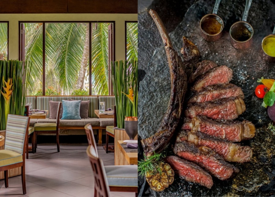 Steak and dining room at The Grill at Luxe restaurant, overlooking the palm trees in Ubud, Bali, Indonesia