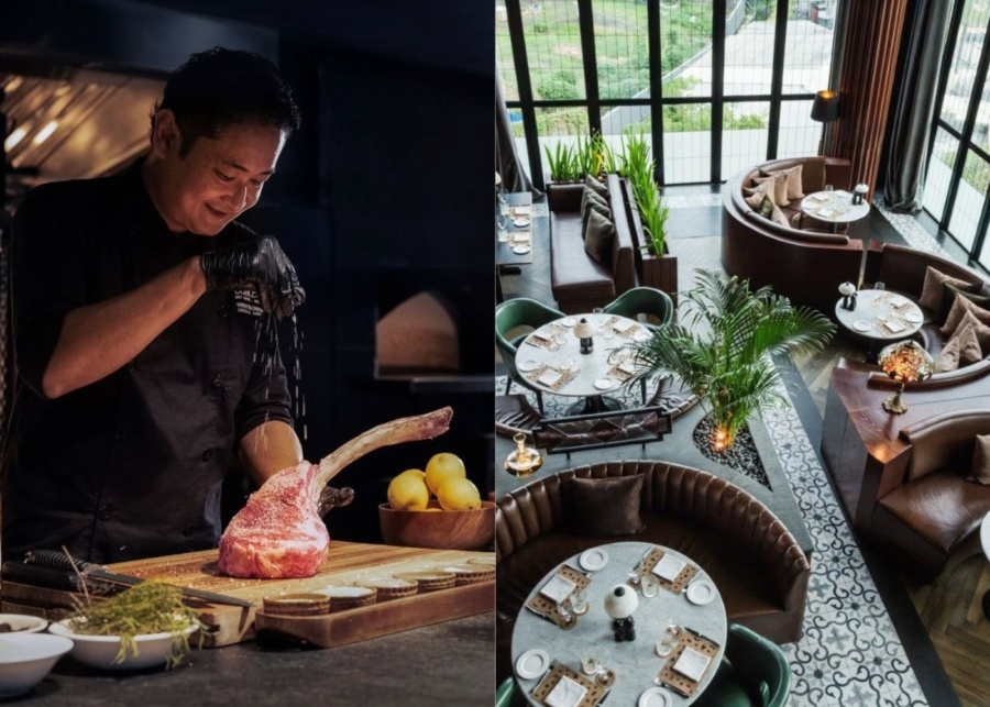 Chef preparing a tomahawk, and dining room at The Plantation Grill with a view from the fourth floor of Double Six Hotel in Seminyak, Bali, Indonesia
