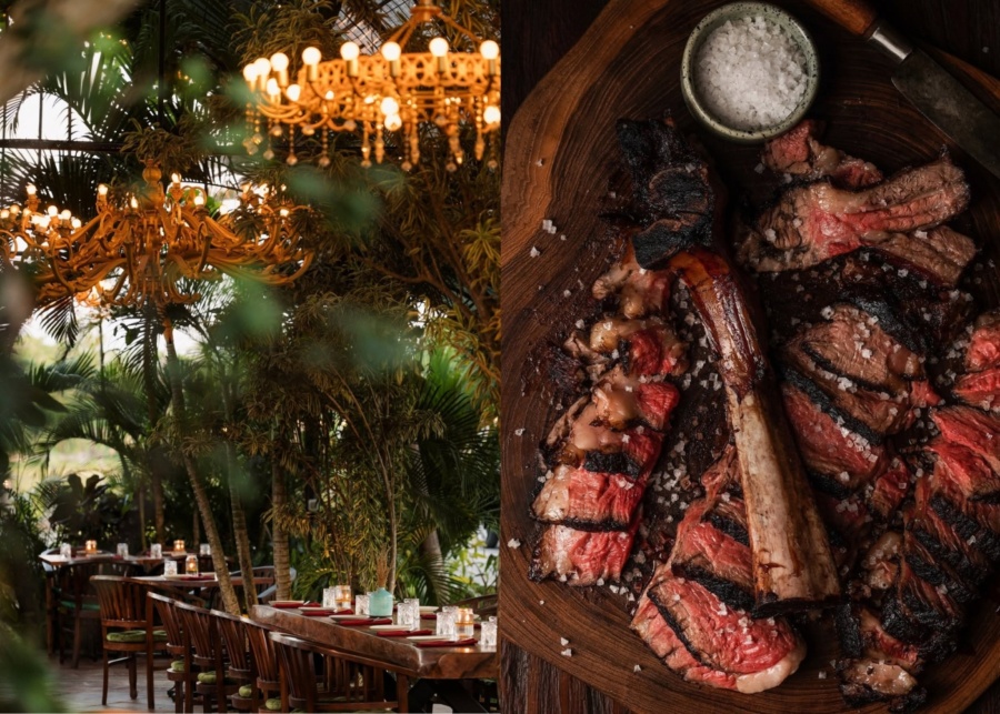 The outdoor seating with romantic ambiance and chandeliers, and steak at Uma Garden restaurant in Umalas, between Seminyak and Canggu, Bali, Indonesia