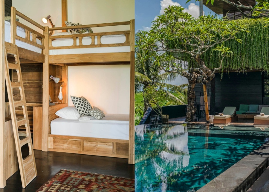 Bunk beds in kids' bedroom and swimming pool at Villa Mana in Canggu - a family-friendly villa in Bali Indonesia