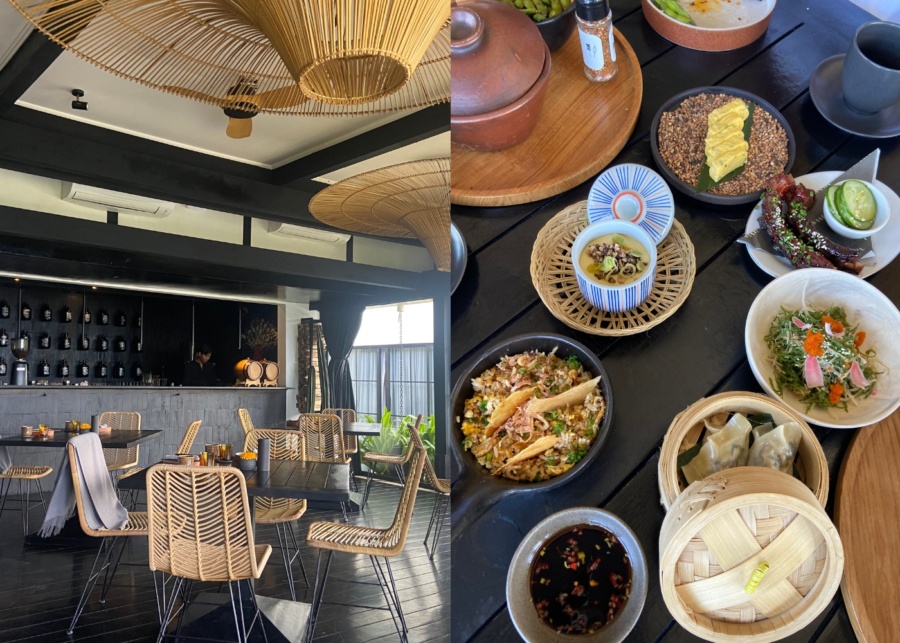 Indoor tables and bar, and Japanese tapas at Waatu, hotel restaurant inside The Ungasan Clifftop Resort in Uluwatu, Bali, Indonesia