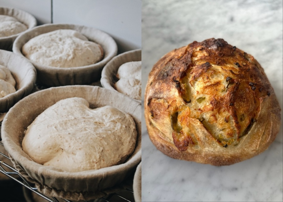 Dough proofing and a freshly baked loaf of sourdough bread at wheatfields by starter lab bakery in Canggu, Bali, Indonesia