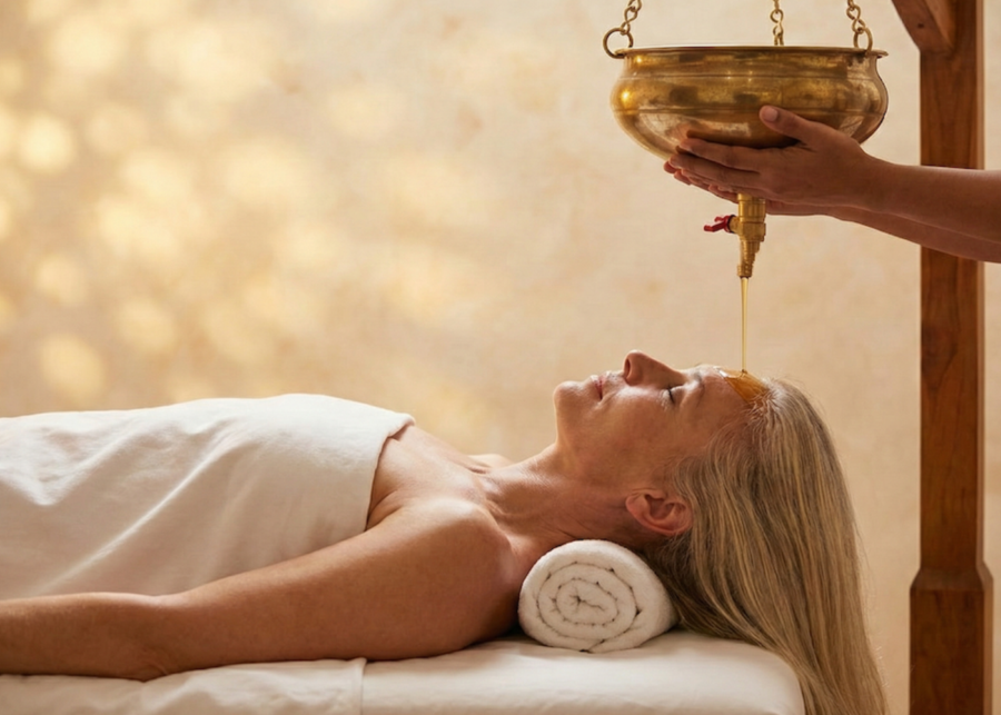 Woman enjoying a Shirodhara Ayurvedic oil therapy treatment at a luxury wellness retreat in Bali, featuring a calming spa setting focused on relaxation and holistic healing.