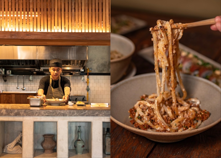 Chef serving Japanese food, and a bowl of ramen, at Bokashi Japanese cafe and dinner restaurant in Berawa, Canggu, Bali, Indonesia