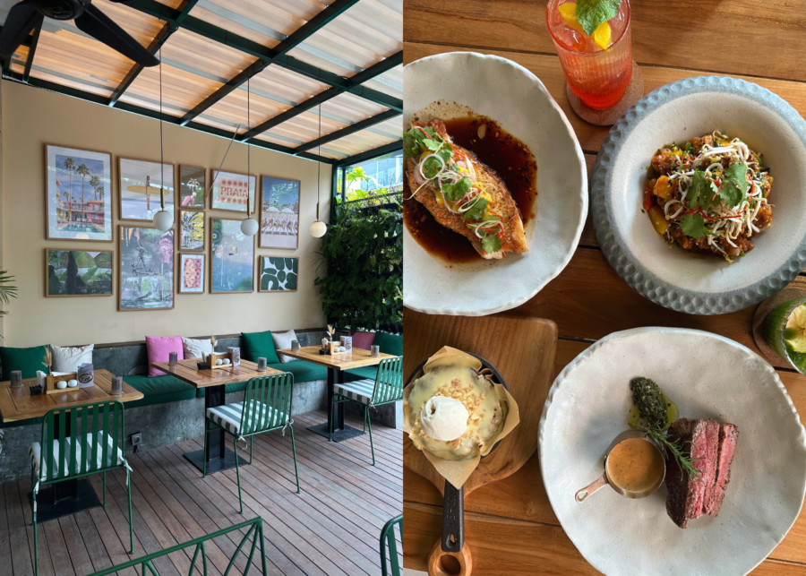 Interior seating and assorted dishes at Cocomo restaurant in Canggu, Bali, including steak, snapper, cocktails and shared plates.
