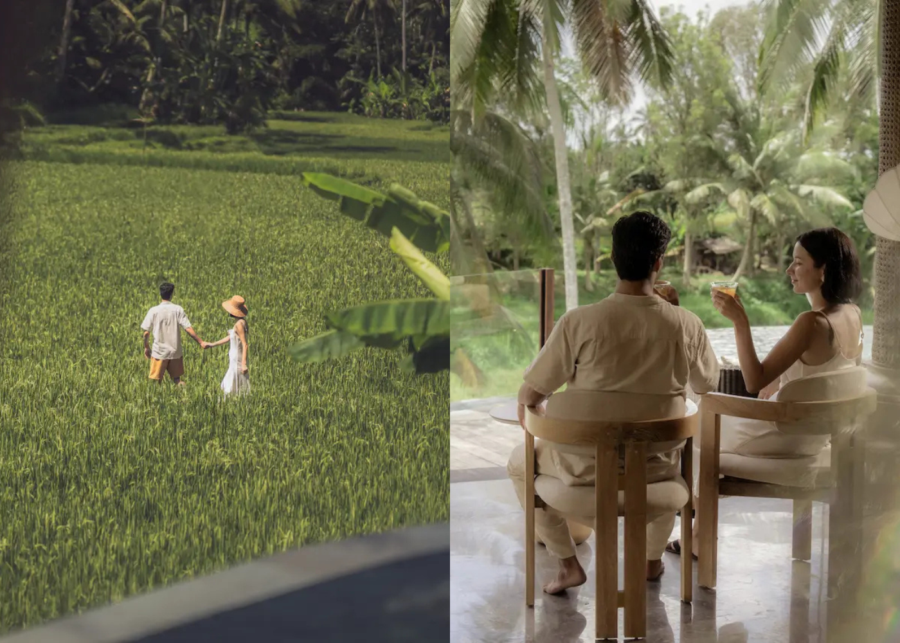 Split image showing a couple walking hand in hand through lush green rice fields in Ubud, and another couple sitting on a private villa terrace overlooking tropical jungle while enjoying drinks together at Equipoise Ubud Best Romantic Hotels in Bali, Indonesia