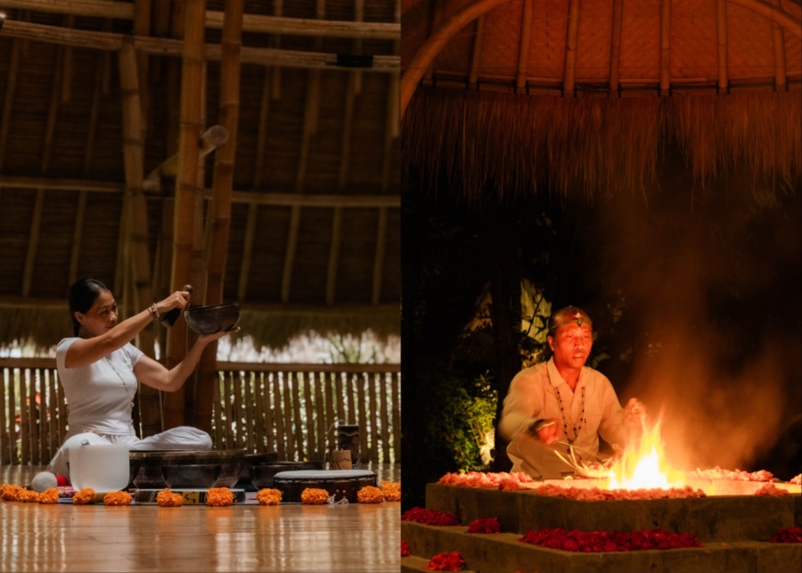 Sound healing and Balinese agnihotra fire ceremony at Fivelements Retreat for wellness in Ubud Bali Indonesia