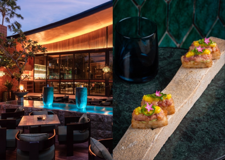 The glowing garden at dusk, and the fine food at Jade by Todd English - the best dinner restaurant in Berawa, Canggu, Bali, Indonesia