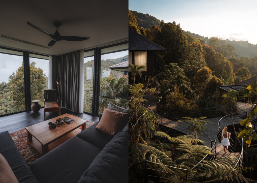 Interior of a modern cabin with large floor-to-ceiling windows overlooking lush green hills in Munduk, alongside an exterior view of elevated wooden walkways surrounded by tropical forest.