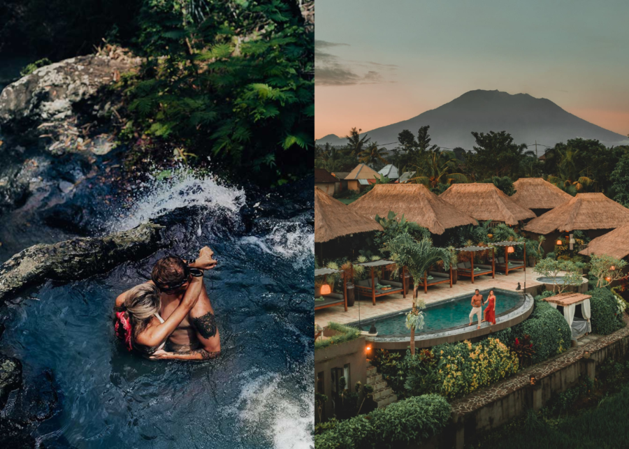 The aerial view of the pool overlooking rice terraces in Samanvaya Sidemen, Best Romantic Hotels in Bali Indonesia