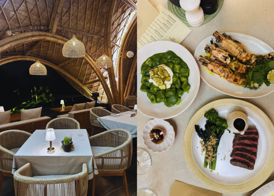 Bamboo dining space and Italian-Mediterranean dishes at Terra Verte restaurant in Equipoise Resort, Ubud, Bali