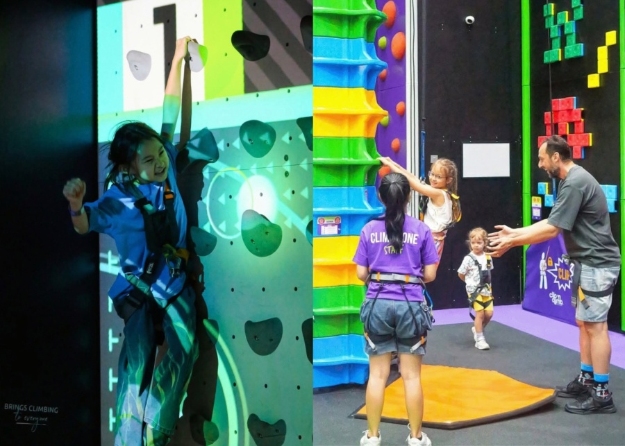 Kids wall-climbing at Clip n Climb indoor wall climbing park in Sanur - best thing to do in Bali with kids