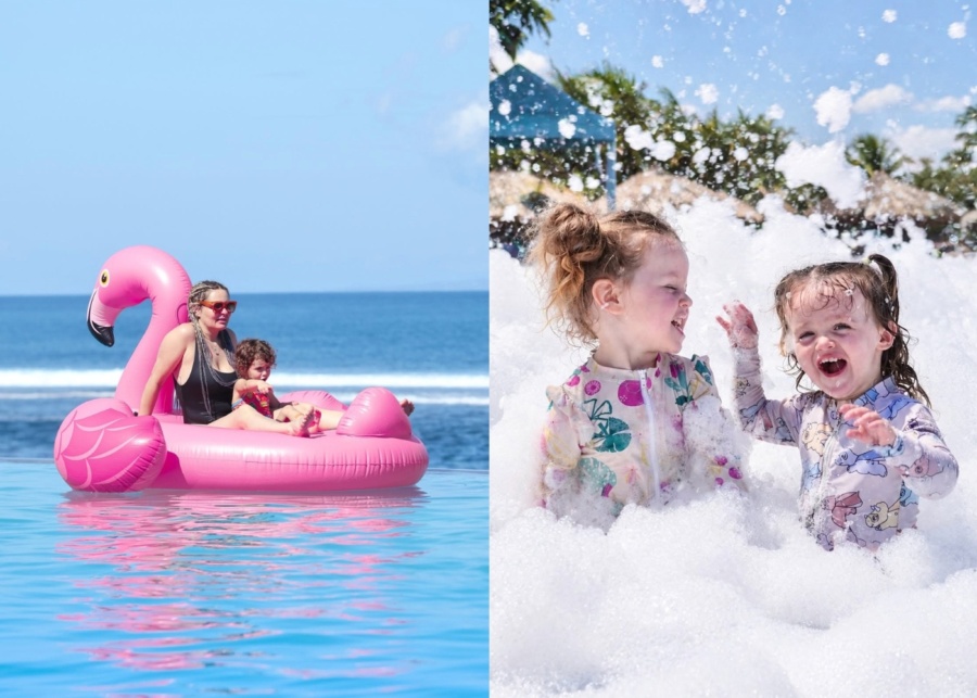 Kids floating at the pool and having a foam party at Flamingo Beach Club in Saba - best thing to do in Bali with kids