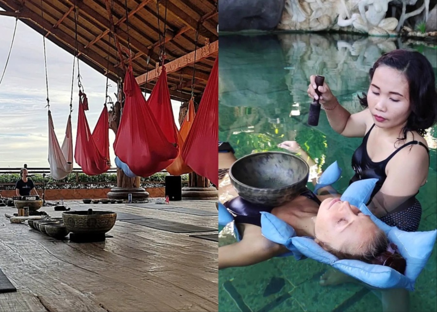 Hammock yoga and floating sound healing at Udara Bali in Seseh, for wellness retreat in Canggu, Bali, Indonesia
