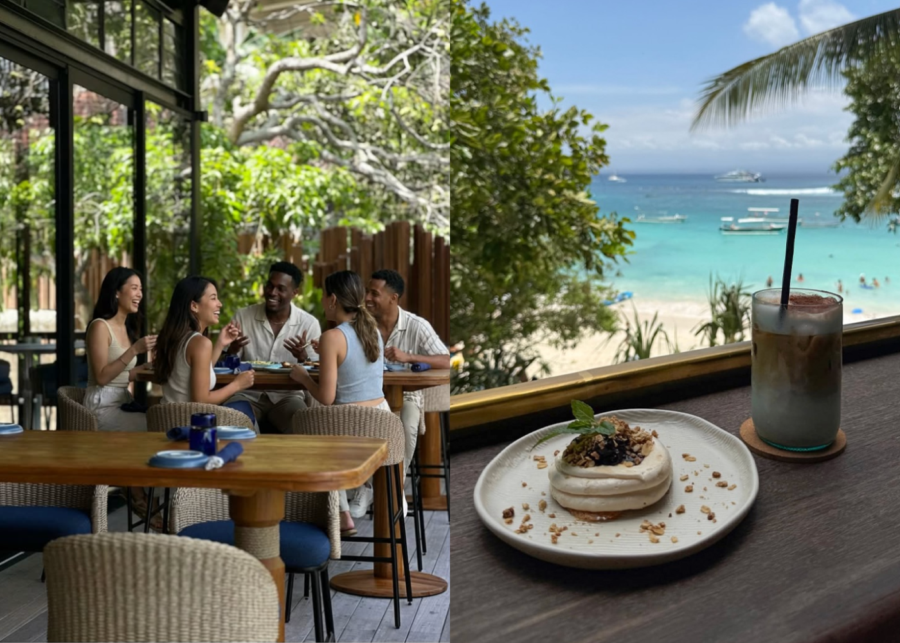 Guests enjoying a beachfront meal at LAGO in Nusa Lembongan, alongside a tropical pavlova dessert and iced coffee overlooking Coconut Beach.