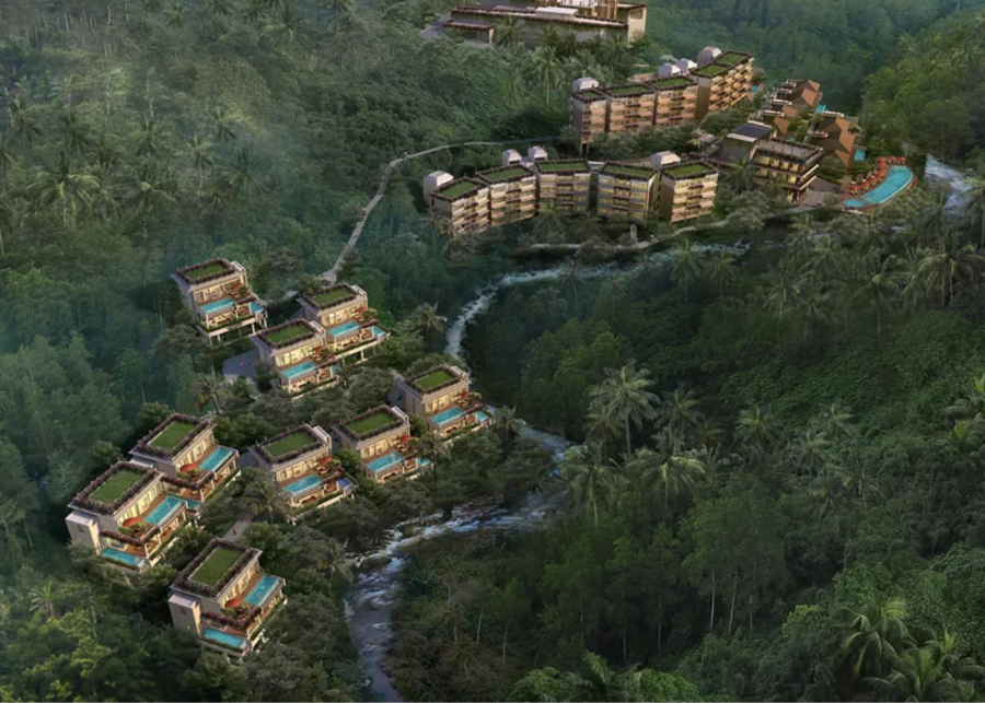Aerial rendering of Kimpton Suntaya Bali Ubud showing a hillside resort surrounded by jungle, featuring private pool villas, multi-level hotel buildings and a river valley setting in central Ubud