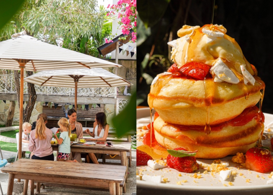 A family dining outdoors at Milk & Madu Beach Road - a popular cafe in Canggu, Batu Bolong, Bali, indonesia