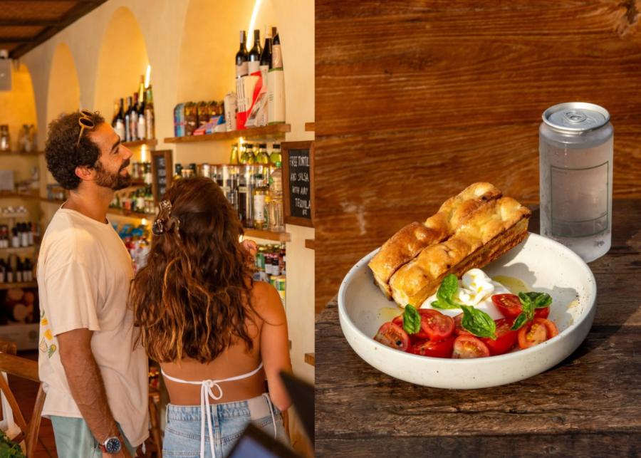 Interior of Mood by Ours in Pecatu, Bali featuring an organic market and café concept, alongside a fresh caprese-style dish with tomatoes, basil and burrata served with focaccia. 