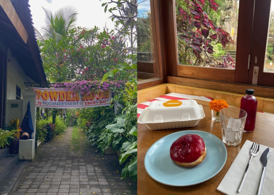 The entrance, bomboloni and house made kombucha at Powder Room by Room4Dessert cafe in Ubud, Bali, Indonesia - best for breakfast, pastries and coffee