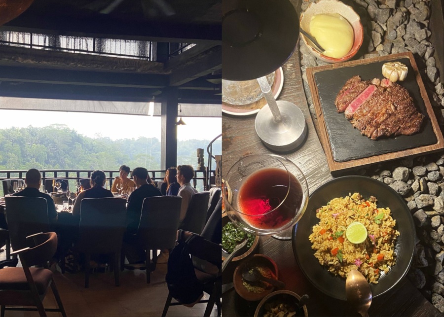 Steak and peruvian rice at Chupacabras restaurants in Ubud, Bali, with jungle views