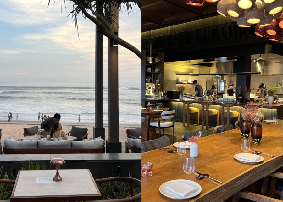 Beachfront deck and interior with open kitchen at CURE - best new restaurant in Canggu, Bali, at regent resort