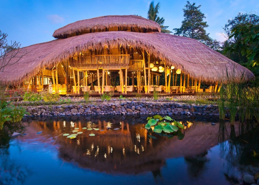 Bamboo restaurant Sakti Dining Room beside lotus ponds at Fivelements Retreat in Bali near Ubud