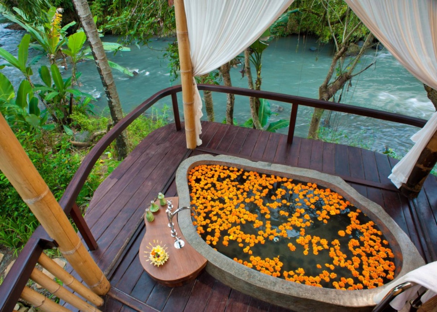 Riverside flower bath at Healing and Wellness Village spa at Fivelements Retreat in Bali, near Ubud