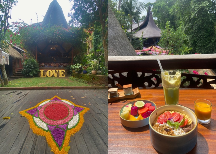 Exterior with mandala flowers and love sign, fruit platter, juice and jamu, and smoothie bowl for breakfast at Garden Kafe at The Yoga Barn in Ubud, Bali, Indonesia