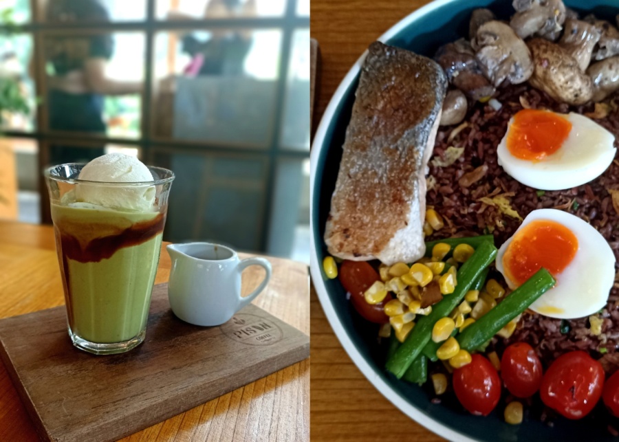 Avocado coffee and salmon rice bowl for breakfast at Pison Cafe in Ubud, Bali, Indonesia