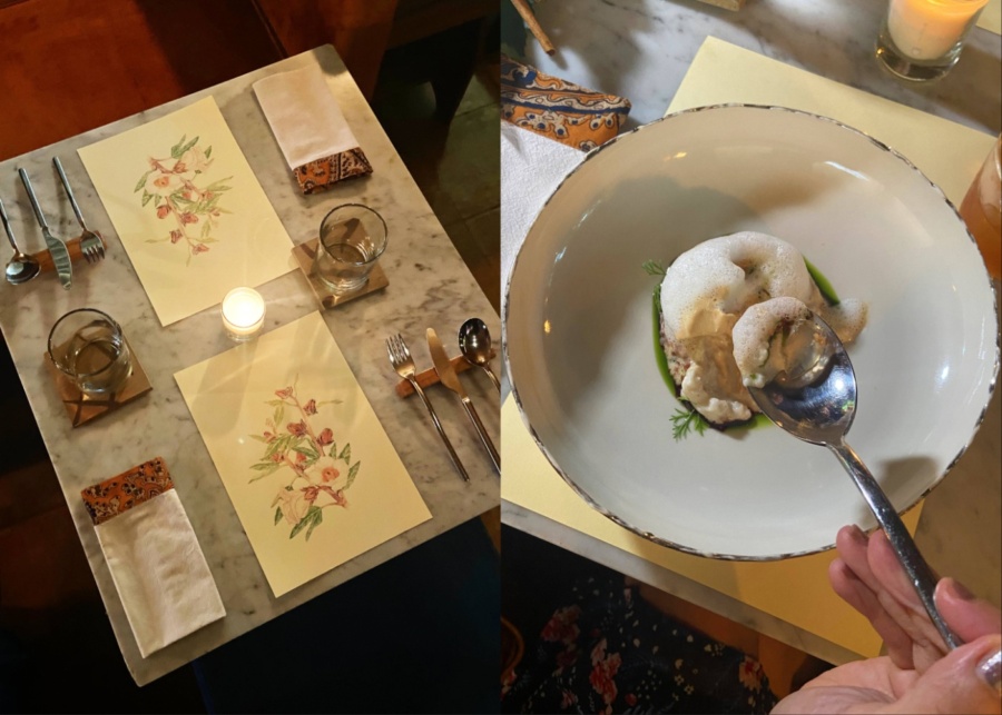 Table for two with hand-drawn place mats and porridge dessert at room 4 dessert (r4d) by Will Goldfarb - a fine dining restaurant in Ubud Bali Indonesia