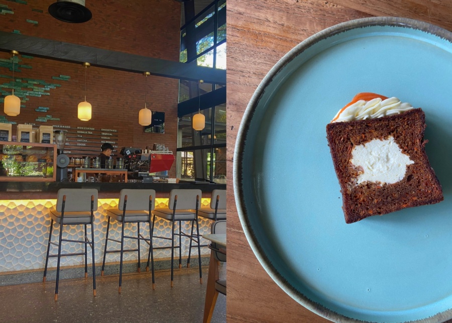 Barista brewing coffee and carrot cake for breakfast at Rusters cafe in Ubud, Bali, Indonesia