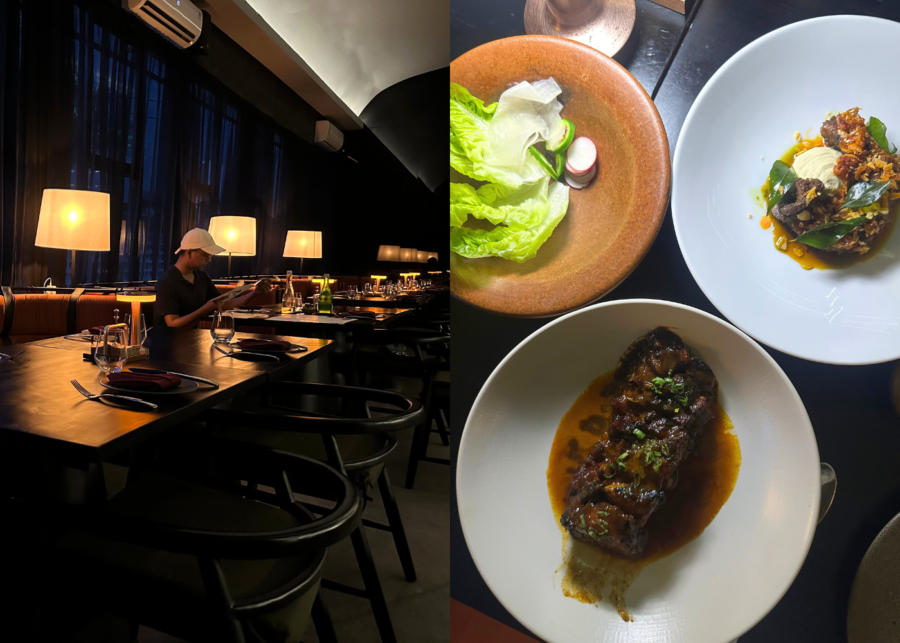 Moody interior and woodfire grill dishes at ASHE in Pererenan, Bali, featuring BBQ pork jowl and sharing plates