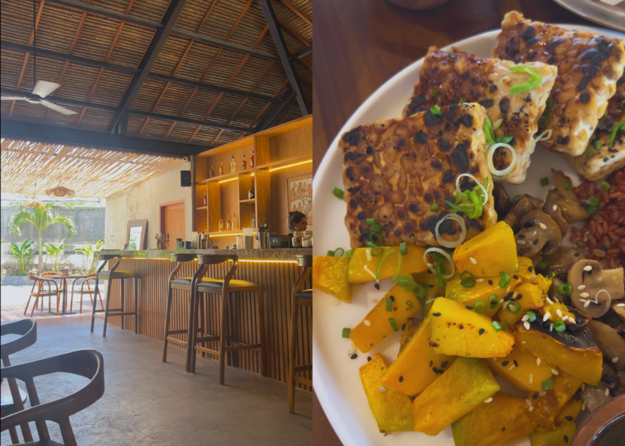 Spacious café interior and hearty brunch plate at HEAL Nyang Nyang, Bali, featuring tempeh, roasted vegetables and rice