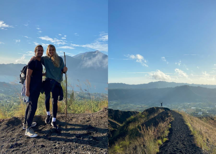 Hikers posing on Mount Batur at sunrise with volcanic landscape and misty valley views, plus a ridge trail overlooking the crater and surrounding hills