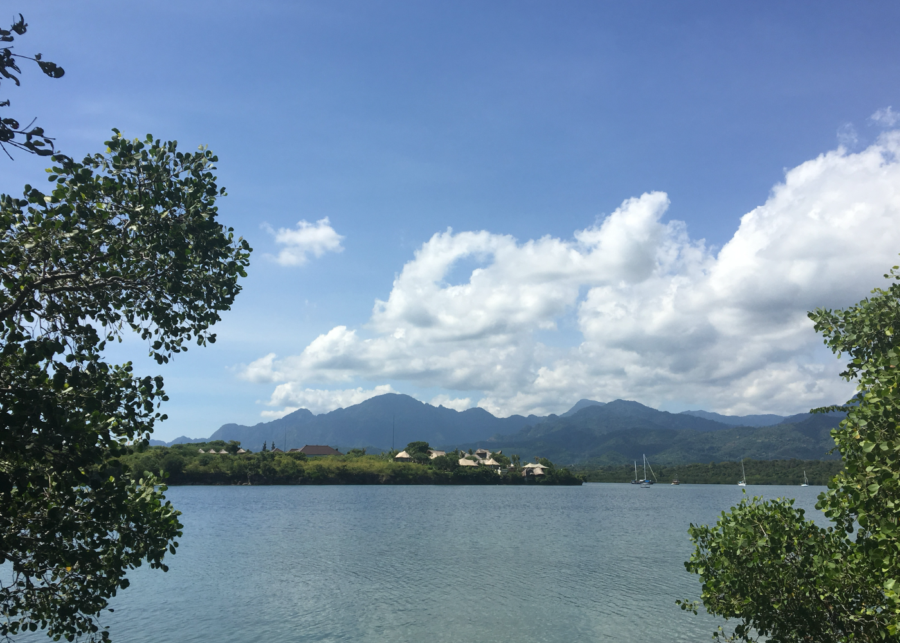 Calm coastal view at West Bali National Park with clear blue water, small boats, lush greenery, and mountains rising in the background under a bright sky